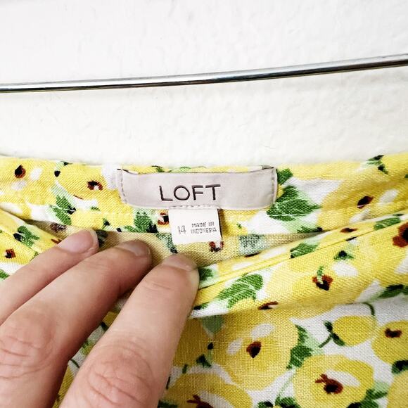 [LOFT] Yellow Floral Print Linen Blend High Waist Side Slit Midi Skirt Size 14 - Picture 10 of 12